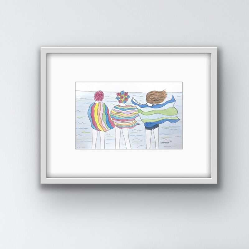 swimming friends with towels - watercolour painting by catherine dunne irish artist